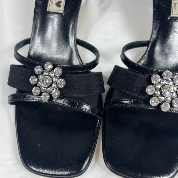 Brighton Shoes Women 8 Black Leather Silver Rhinestone Throne Heel Made Italy - Picture 3 of 16